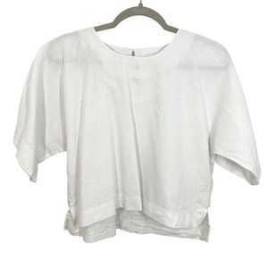 DKNY White Linen Blend Cropped Boxy Top Short Sleeve Button Back Women Size S